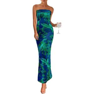 PRETTYGARDEN Womens Summer Printed Tube Maxi Dress Strapless Bodycon Sleeveless Long Beach Vacation Dresses(Green Floral)