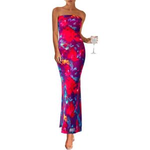 PRETTYGARDEN Womens Summer Printed Tube Maxi Dress Strapless Bodycon Sleeveless Long Beach Vacation Dresses(Navy Red Flower)