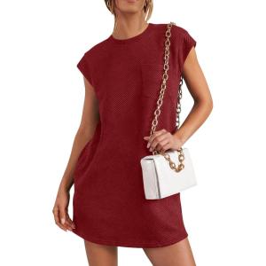 PRETTYGARDEN Women’s Summer Short T Shirt Dress Cap Sleeve Crew Neck Casual Loose Basic Mini Dresses(Wine Red)