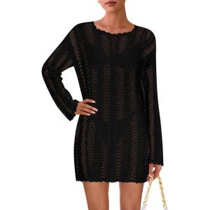 PRETTYGARDEN Women’s Swimsuit Cover Up 2025 Summer Bathing Suit Swimwear Crochet Knit Dress Fashion Beach Vacation Clothes(Black)