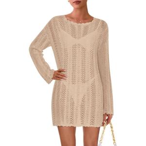 PRETTYGARDEN Women’s Swimsuit Cover Up 2025 Summer Bathing Suit Swimwear Crochet Knit Dress Fashion Beach Vacation Clothes(Light Khaki)