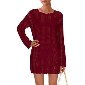 PRETTYGARDEN Women’s Swimsuit Cover Up 2025 Summer Bathing Suit Swimwear Crochet Knit Dress Fashion Beach Vacation Clothes(Wine Red)