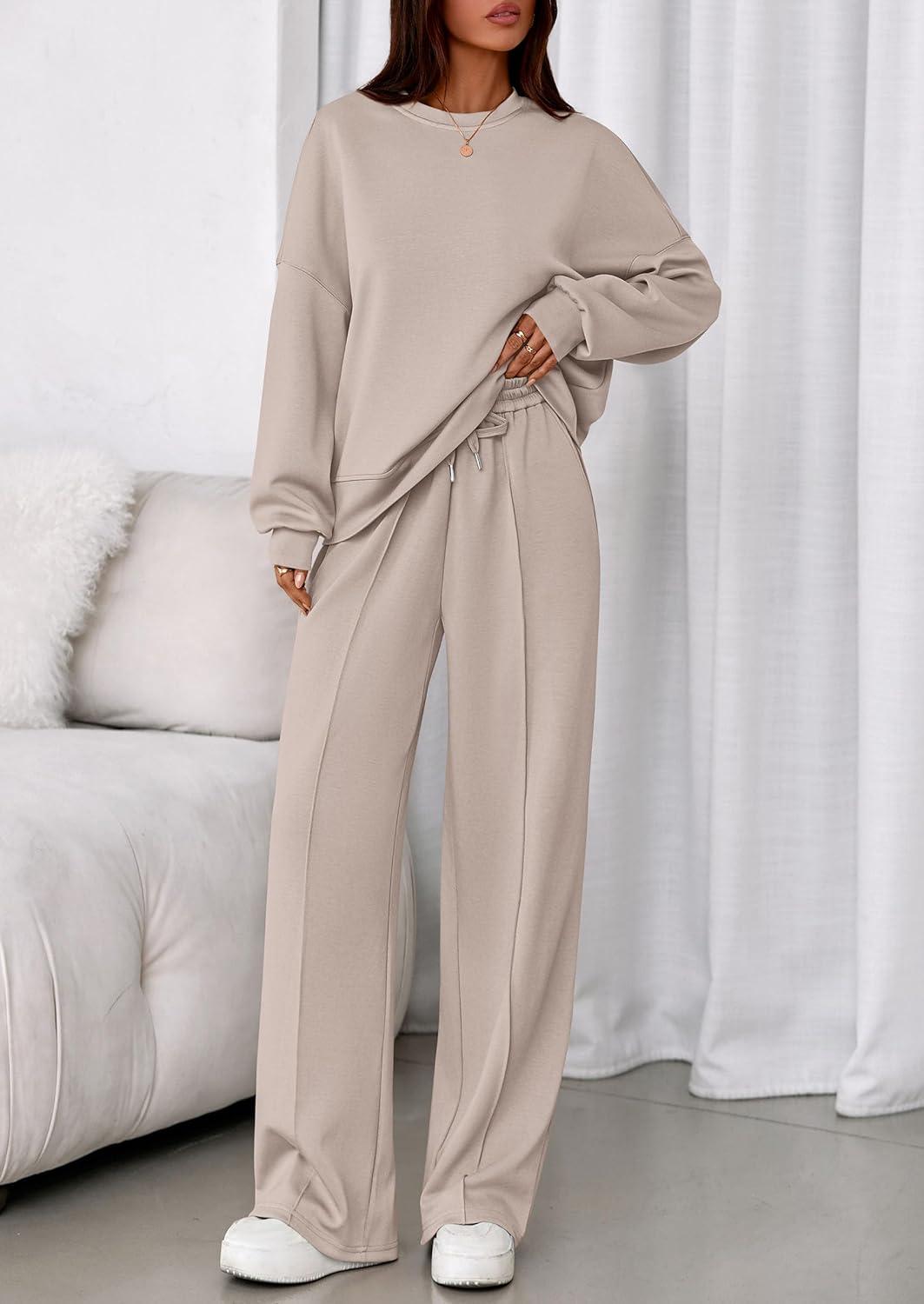 imagePRETTYGARDEN 2 Piece Sets For Women Fall Trendy Long Sleeve Sweatshirt Wide Leg Pants Loungewear Set Matching SweatsuitApricot