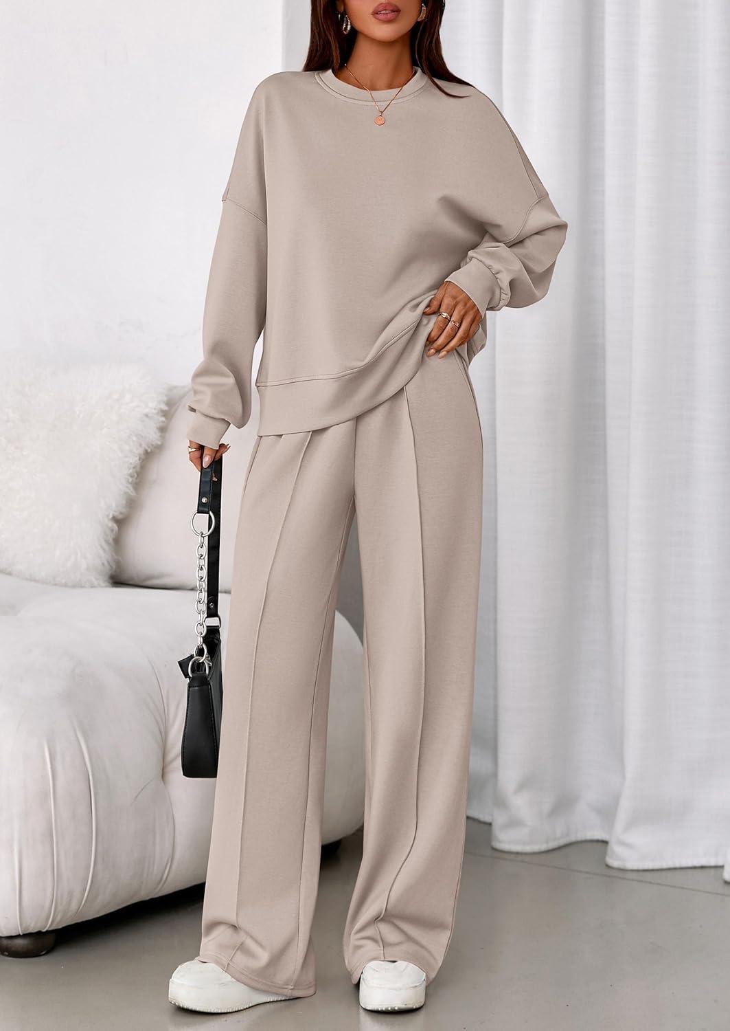 imagePRETTYGARDEN 2 Piece Sets For Women Fall Trendy Long Sleeve Sweatshirt Wide Leg Pants Loungewear Set Matching SweatsuitApricot