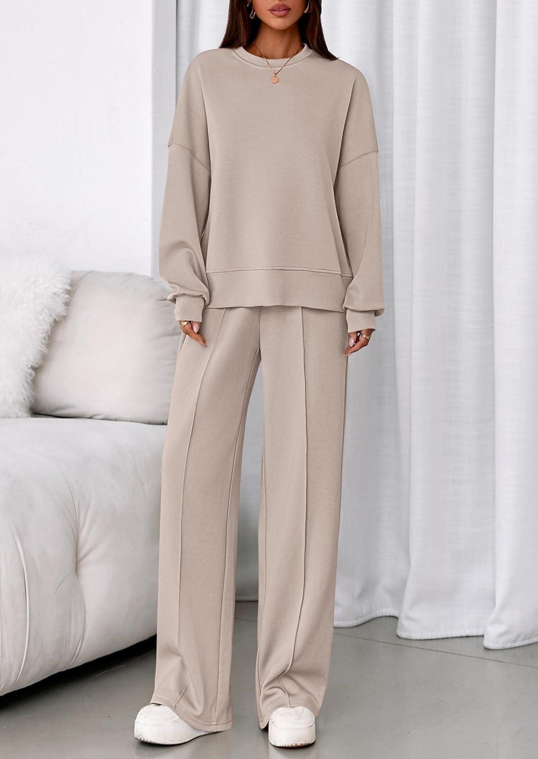 imagePRETTYGARDEN 2 Piece Sets For Women Fall Trendy Long Sleeve Sweatshirt Wide Leg Pants Loungewear Set Matching SweatsuitApricot