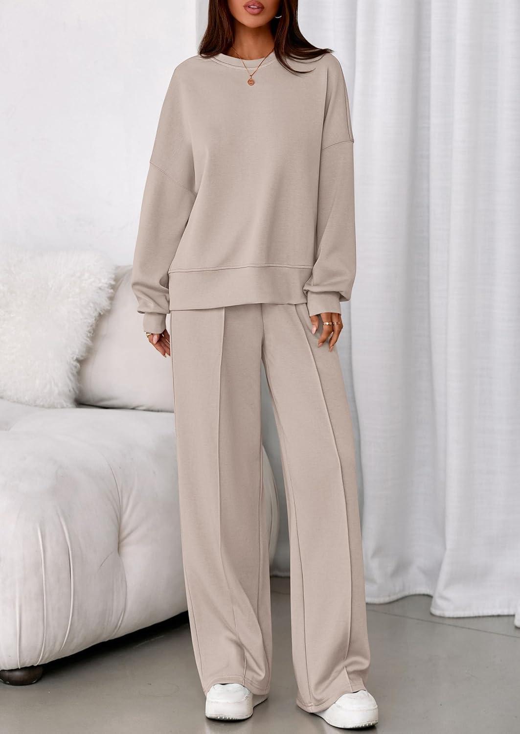 imagePRETTYGARDEN 2 Piece Sets For Women Fall Trendy Long Sleeve Sweatshirt Wide Leg Pants Loungewear Set Matching SweatsuitApricot