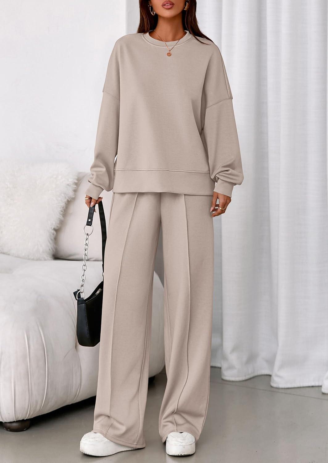 imagePRETTYGARDEN 2 Piece Sets For Women Fall Trendy Long Sleeve Sweatshirt Wide Leg Pants Loungewear Set Matching SweatsuitApricot