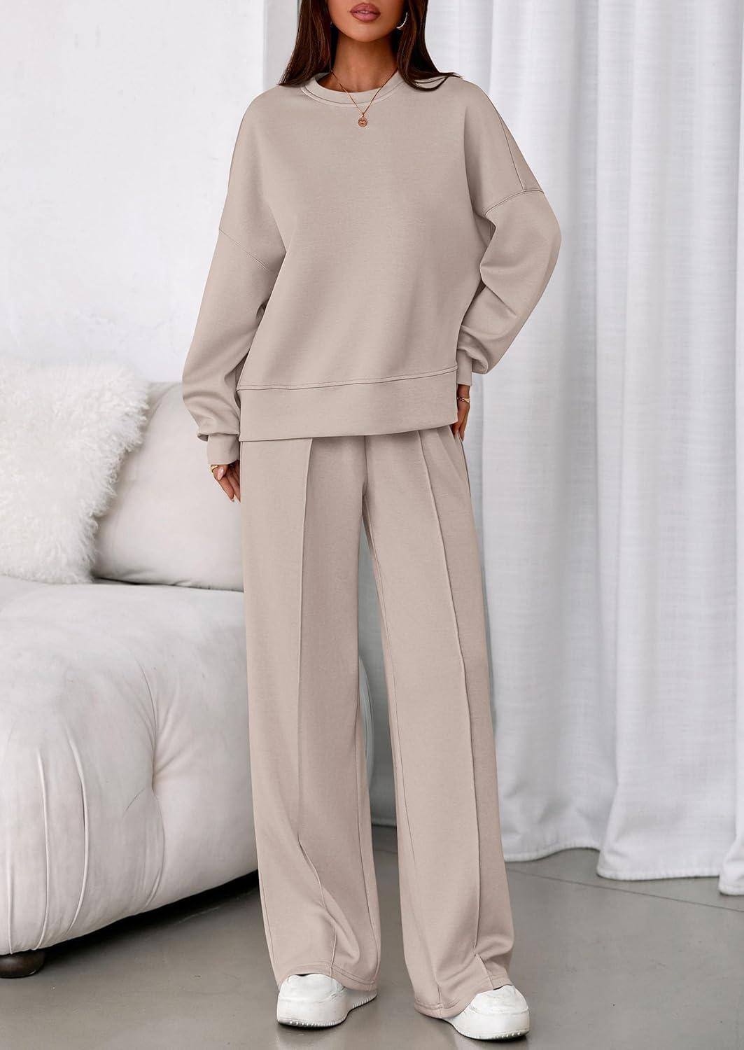 imagePRETTYGARDEN 2 Piece Sets For Women Fall Trendy Long Sleeve Sweatshirt Wide Leg Pants Loungewear Set Matching SweatsuitApricot