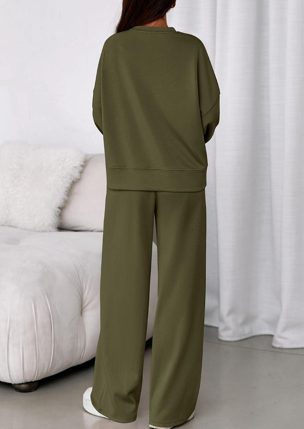 imagePRETTYGARDEN 2 Piece Sets For Women Fall Trendy Long Sleeve Sweatshirt Wide Leg Pants Loungewear Set Matching SweatsuitArmy Green
