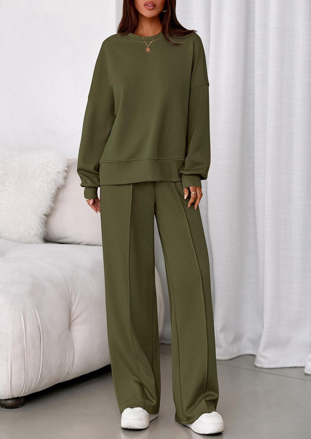 imagePRETTYGARDEN 2 Piece Sets For Women Fall Trendy Long Sleeve Sweatshirt Wide Leg Pants Loungewear Set Matching SweatsuitArmy Green
