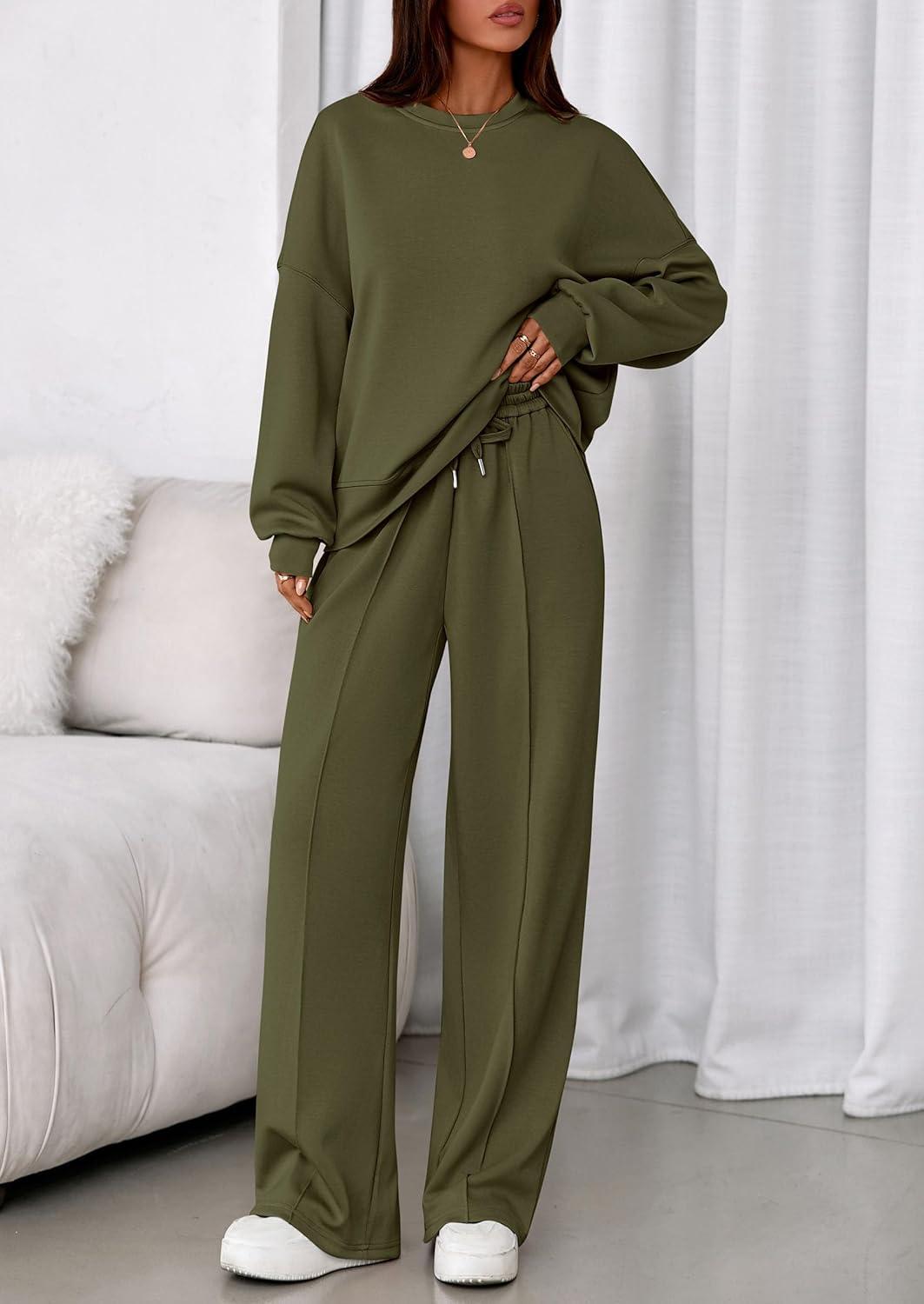 imagePRETTYGARDEN 2 Piece Sets For Women Fall Trendy Long Sleeve Sweatshirt Wide Leg Pants Loungewear Set Matching SweatsuitArmy Green