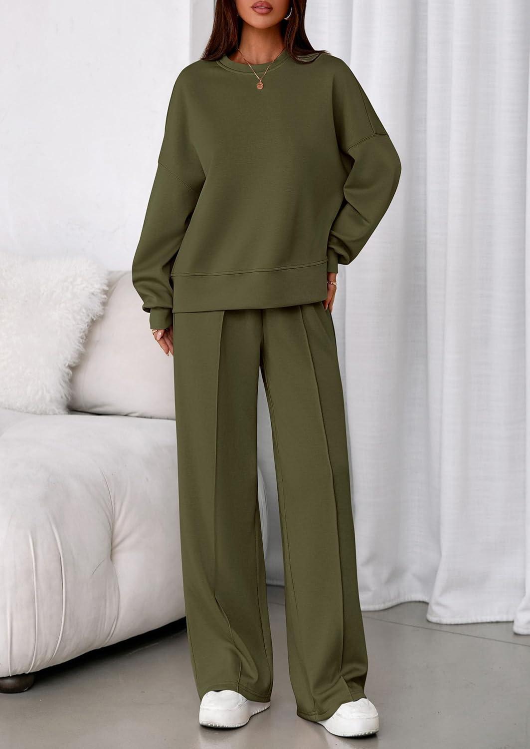 imagePRETTYGARDEN 2 Piece Sets For Women Fall Trendy Long Sleeve Sweatshirt Wide Leg Pants Loungewear Set Matching SweatsuitArmy Green