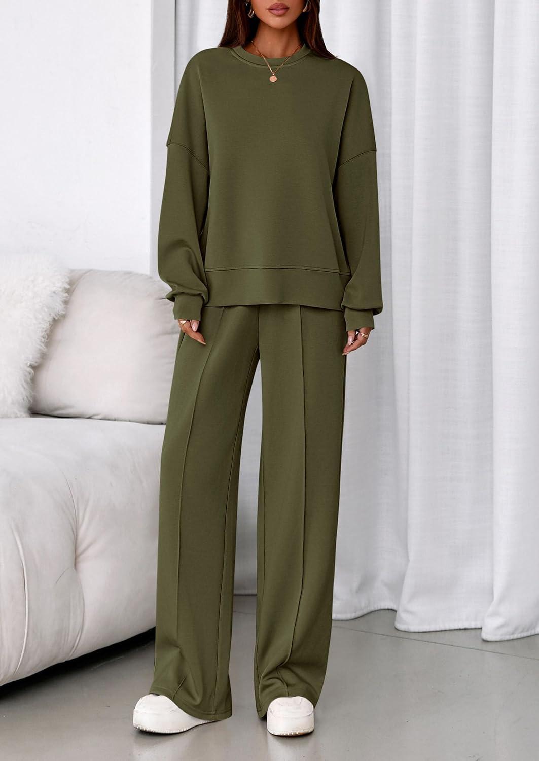 imagePRETTYGARDEN 2 Piece Sets For Women Fall Trendy Long Sleeve Sweatshirt Wide Leg Pants Loungewear Set Matching SweatsuitArmy Green