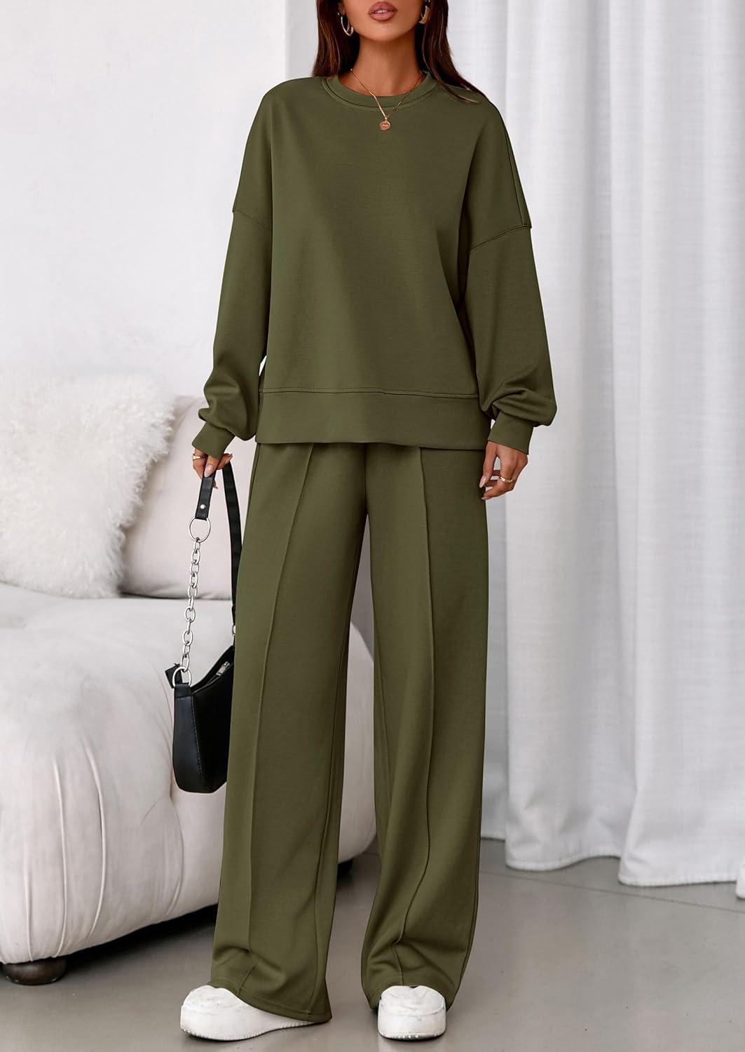 imagePRETTYGARDEN 2 Piece Sets For Women Fall Trendy Long Sleeve Sweatshirt Wide Leg Pants Loungewear Set Matching SweatsuitArmy Green
