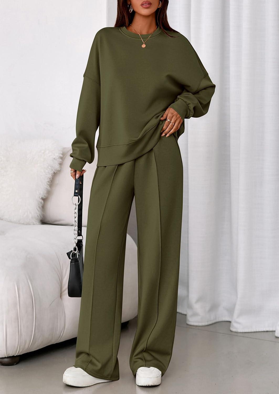 imagePRETTYGARDEN 2 Piece Sets For Women Fall Trendy Long Sleeve Sweatshirt Wide Leg Pants Loungewear Set Matching SweatsuitArmy Green