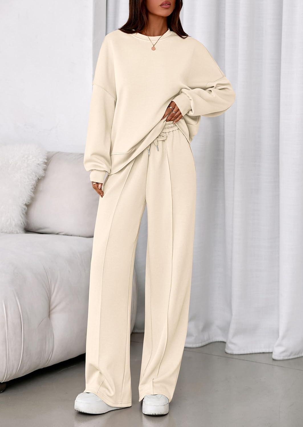 imagePRETTYGARDEN 2 Piece Sets For Women Fall Trendy Long Sleeve Sweatshirt Wide Leg Pants Loungewear Set Matching SweatsuitBeige