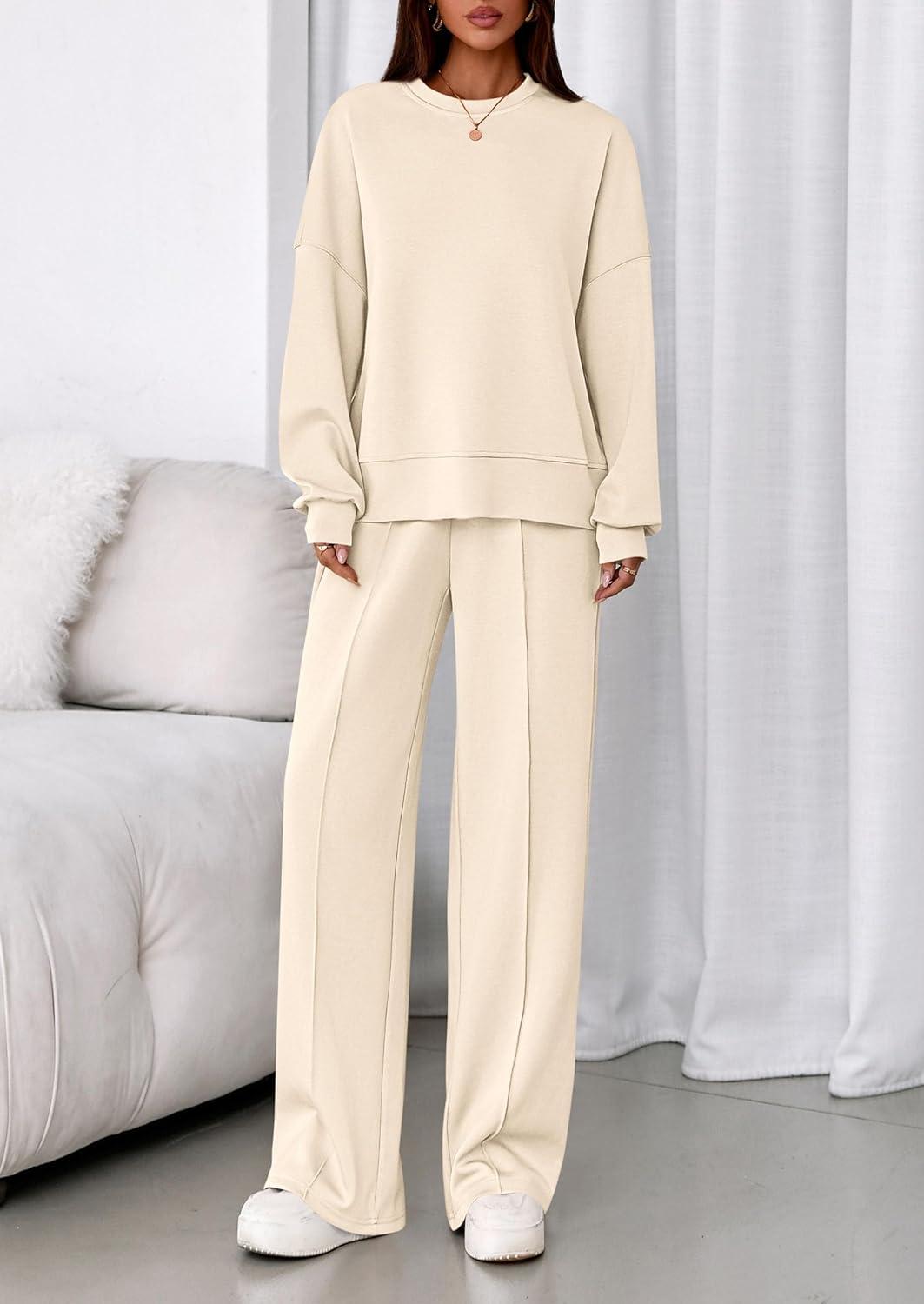 imagePRETTYGARDEN 2 Piece Sets For Women Fall Trendy Long Sleeve Sweatshirt Wide Leg Pants Loungewear Set Matching SweatsuitBeige