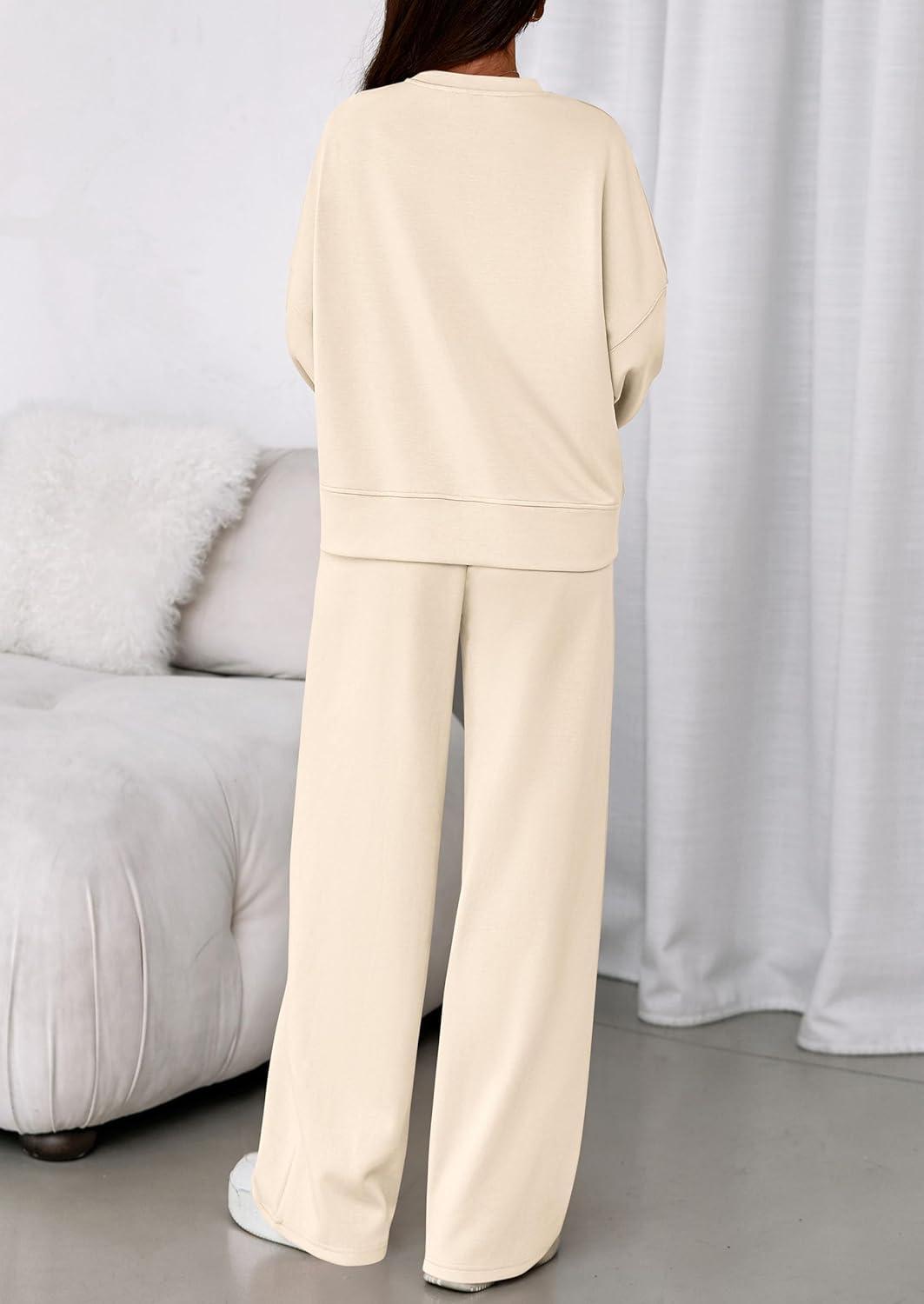 imagePRETTYGARDEN 2 Piece Sets For Women Fall Trendy Long Sleeve Sweatshirt Wide Leg Pants Loungewear Set Matching SweatsuitBeige