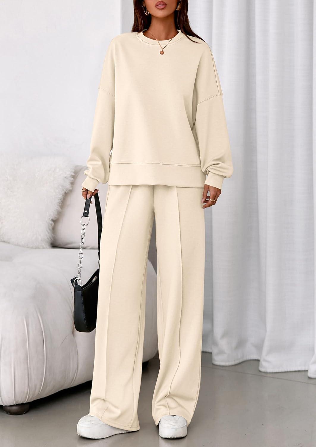 imagePRETTYGARDEN 2 Piece Sets For Women Fall Trendy Long Sleeve Sweatshirt Wide Leg Pants Loungewear Set Matching SweatsuitBeige