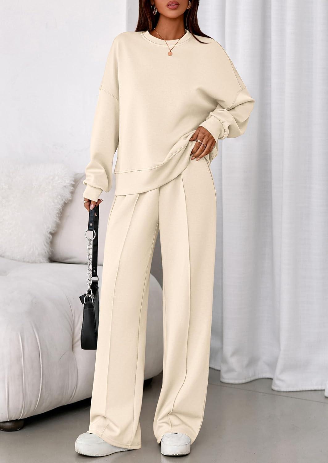 imagePRETTYGARDEN 2 Piece Sets For Women Fall Trendy Long Sleeve Sweatshirt Wide Leg Pants Loungewear Set Matching SweatsuitBeige