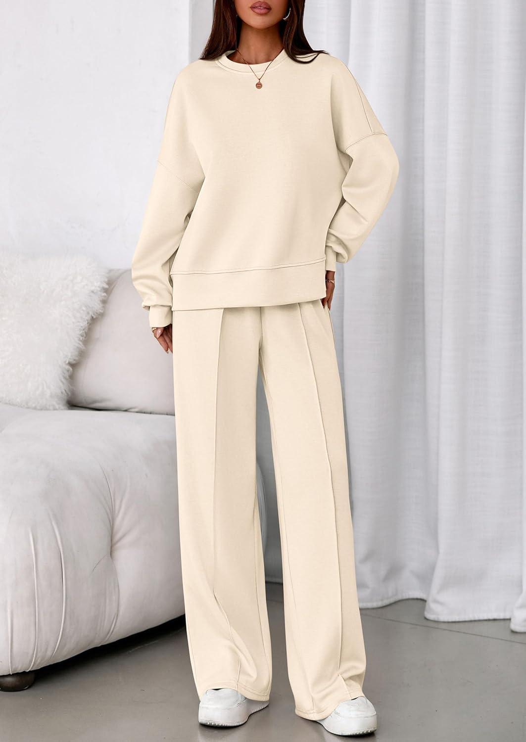 imagePRETTYGARDEN 2 Piece Sets For Women Fall Trendy Long Sleeve Sweatshirt Wide Leg Pants Loungewear Set Matching SweatsuitBeige