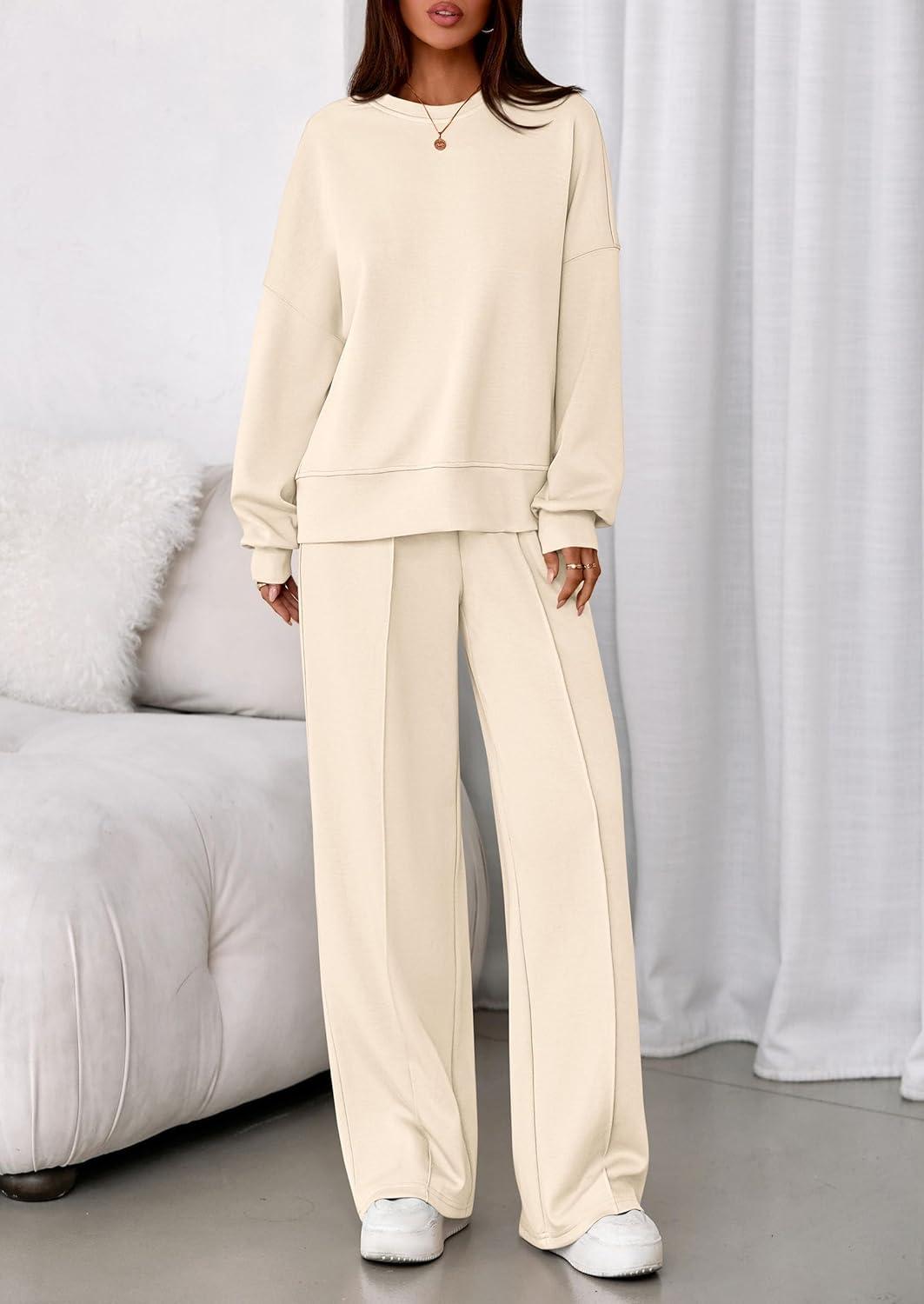 imagePRETTYGARDEN 2 Piece Sets For Women Fall Trendy Long Sleeve Sweatshirt Wide Leg Pants Loungewear Set Matching SweatsuitBeige