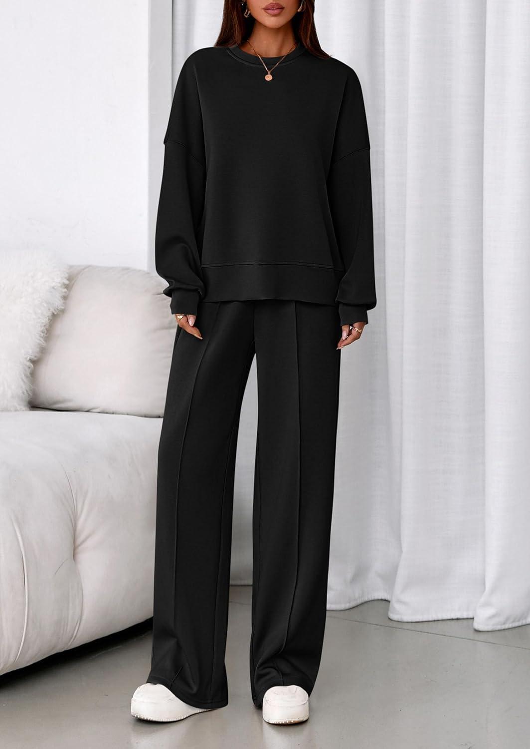 imagePRETTYGARDEN 2 Piece Sets For Women Fall Trendy Long Sleeve Sweatshirt Wide Leg Pants Loungewear Set Matching SweatsuitBlack