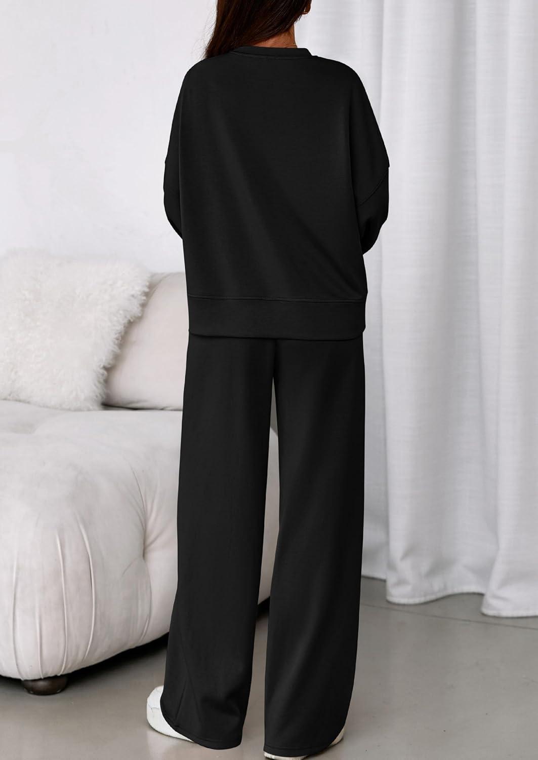 imagePRETTYGARDEN 2 Piece Sets For Women Fall Trendy Long Sleeve Sweatshirt Wide Leg Pants Loungewear Set Matching SweatsuitBlack