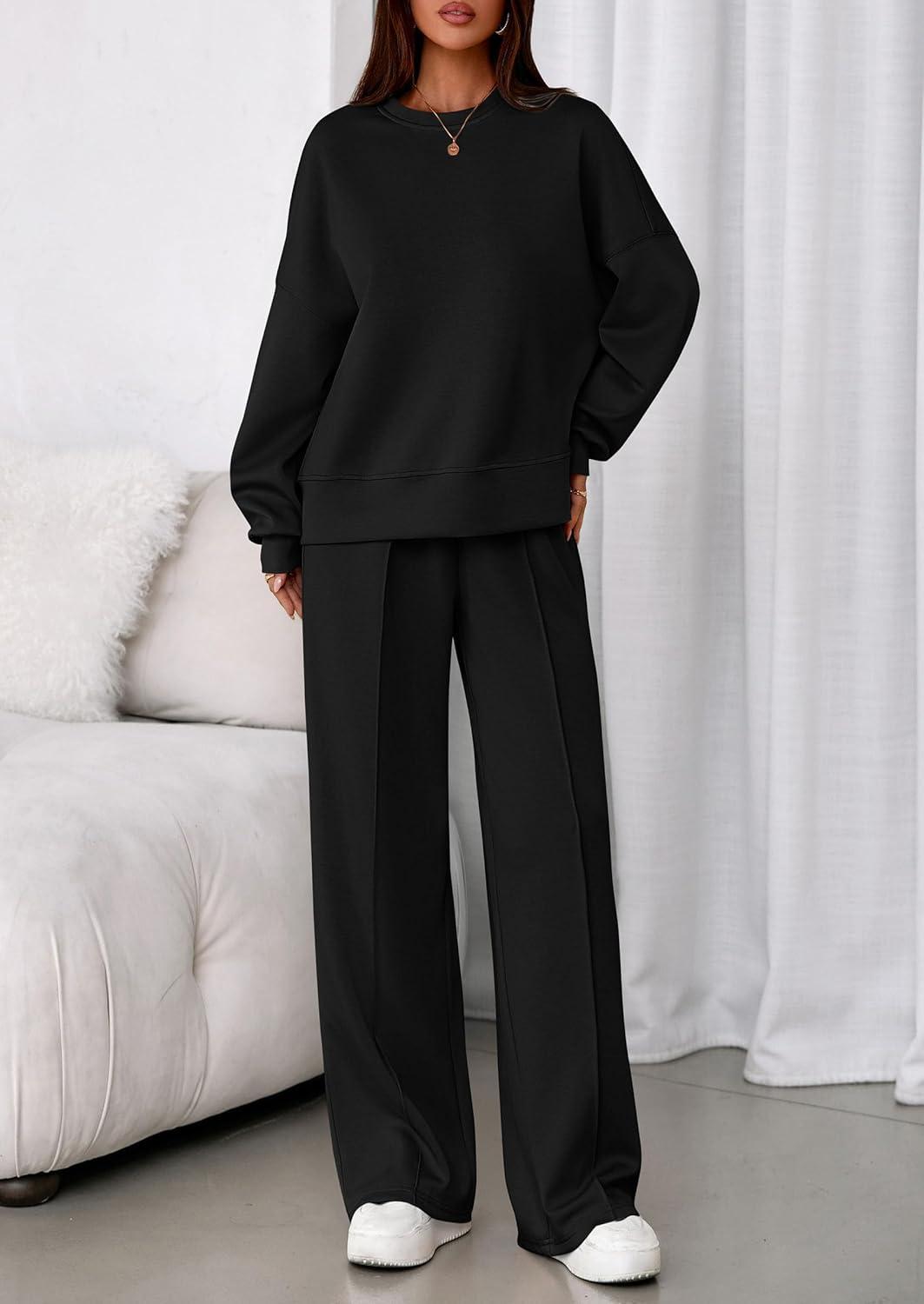 imagePRETTYGARDEN 2 Piece Sets For Women Fall Trendy Long Sleeve Sweatshirt Wide Leg Pants Loungewear Set Matching SweatsuitBlack