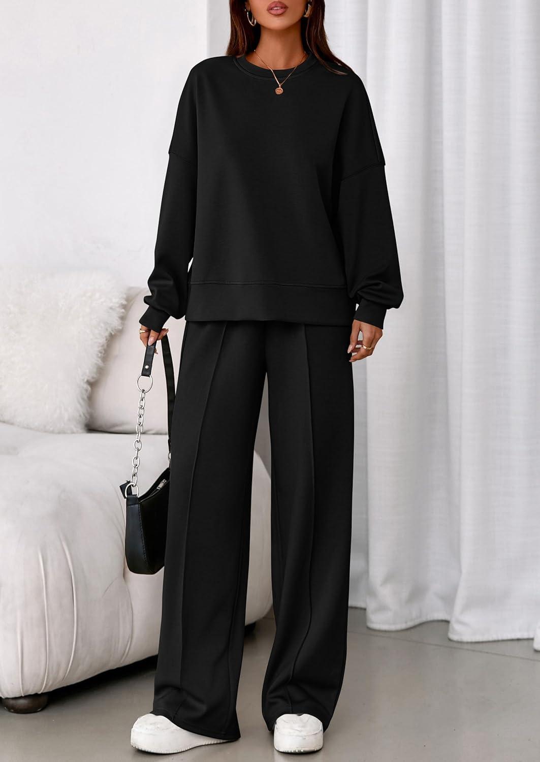 imagePRETTYGARDEN 2 Piece Sets For Women Fall Trendy Long Sleeve Sweatshirt Wide Leg Pants Loungewear Set Matching SweatsuitBlack