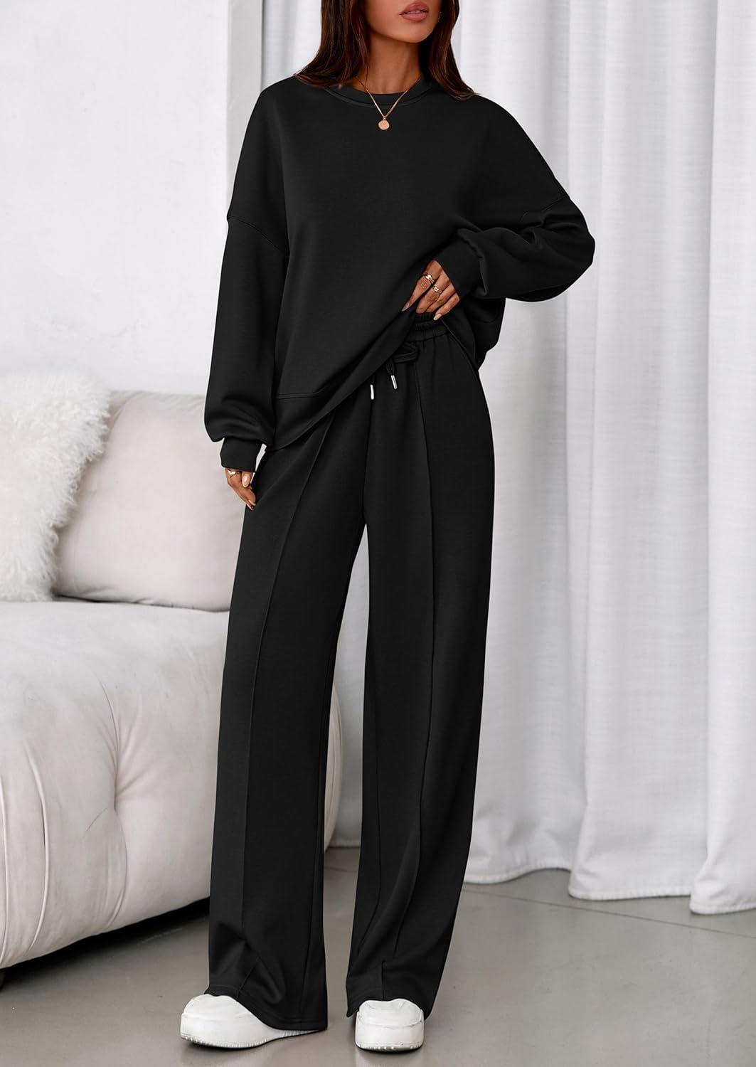 imagePRETTYGARDEN 2 Piece Sets For Women Fall Trendy Long Sleeve Sweatshirt Wide Leg Pants Loungewear Set Matching SweatsuitBlack