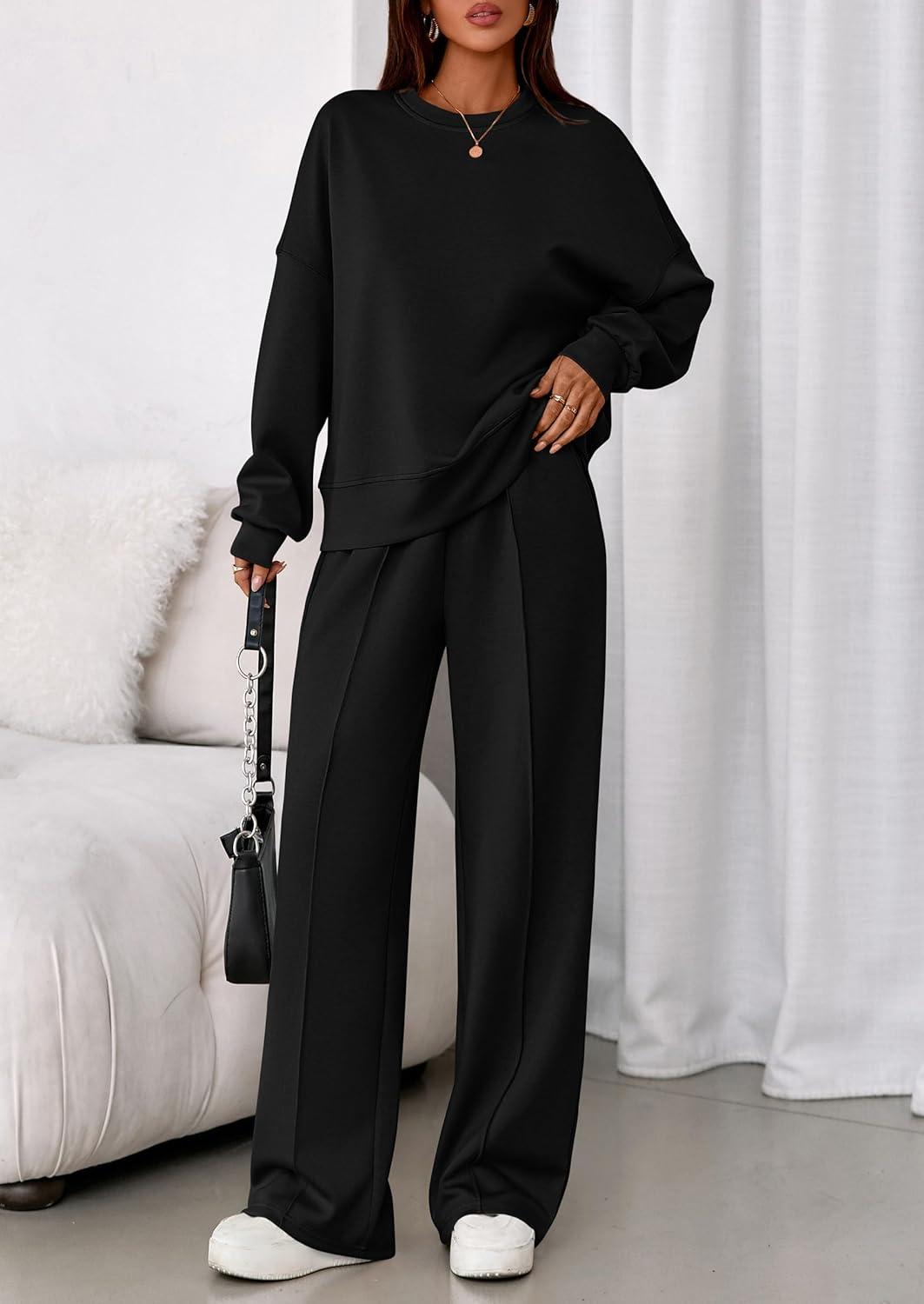 imagePRETTYGARDEN 2 Piece Sets For Women Fall Trendy Long Sleeve Sweatshirt Wide Leg Pants Loungewear Set Matching SweatsuitBlack