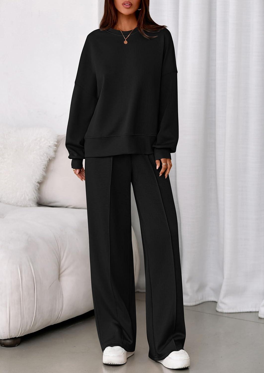 imagePRETTYGARDEN 2 Piece Sets For Women Fall Trendy Long Sleeve Sweatshirt Wide Leg Pants Loungewear Set Matching SweatsuitBlack