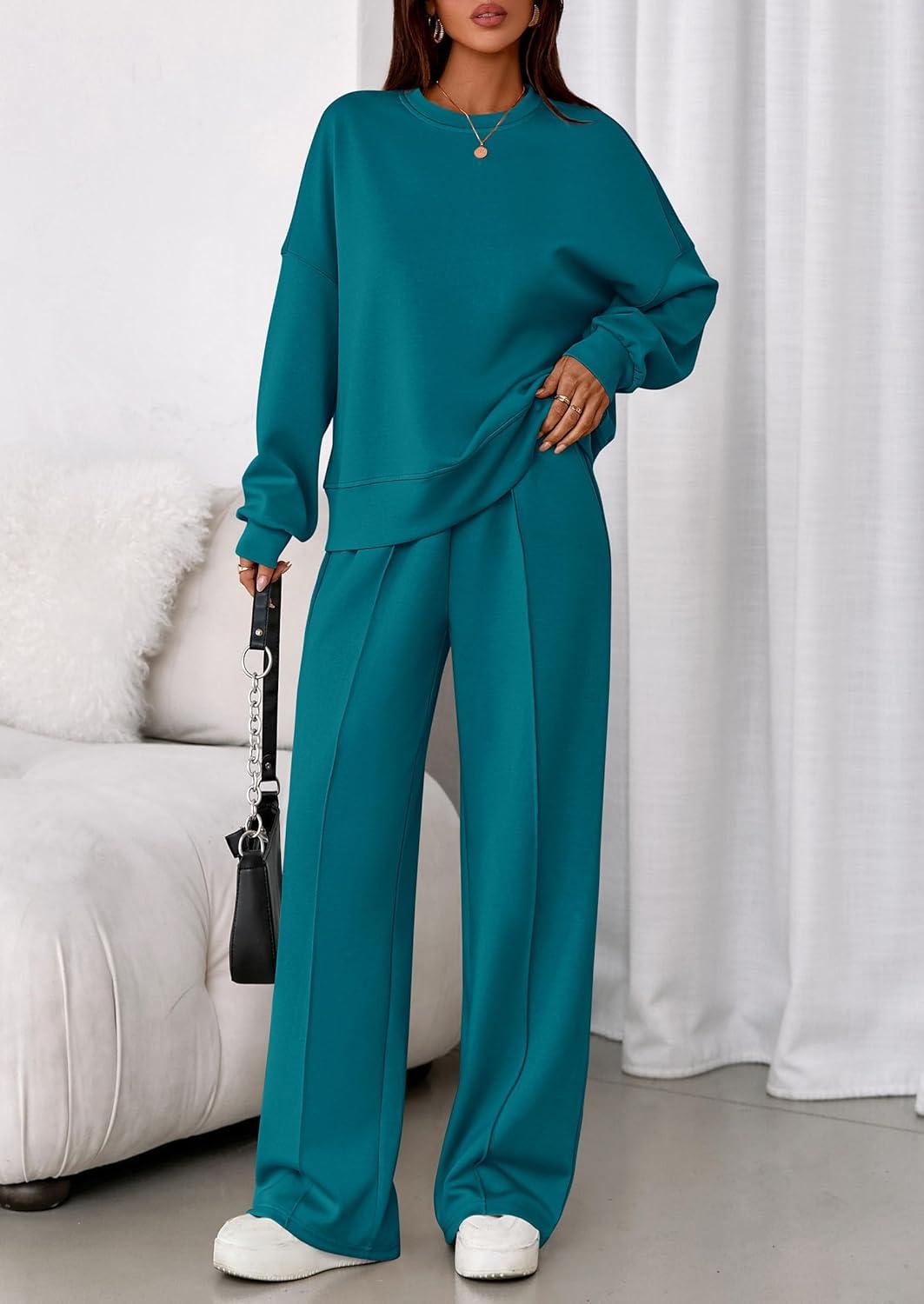imagePRETTYGARDEN 2 Piece Sets For Women Fall Trendy Long Sleeve Sweatshirt Wide Leg Pants Loungewear Set Matching SweatsuitBlue Green