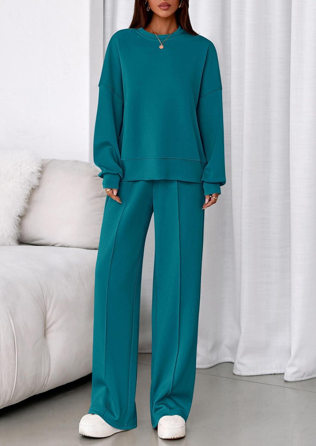 imagePRETTYGARDEN 2 Piece Sets For Women Fall Trendy Long Sleeve Sweatshirt Wide Leg Pants Loungewear Set Matching SweatsuitBlue Green