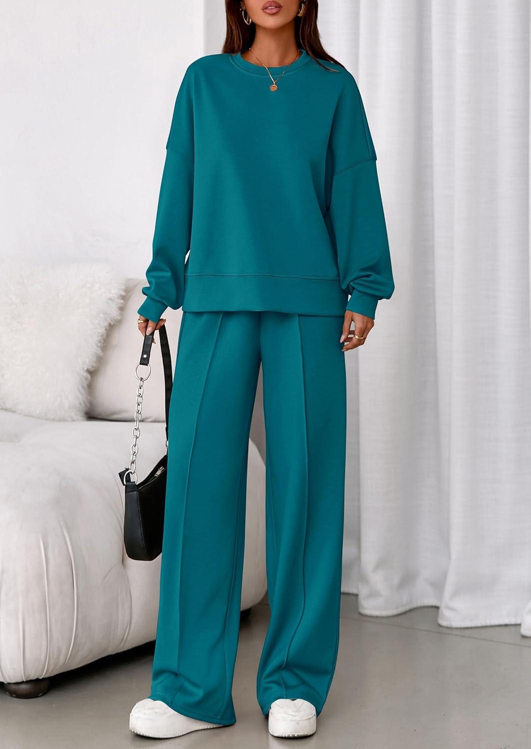 imagePRETTYGARDEN 2 Piece Sets For Women Fall Trendy Long Sleeve Sweatshirt Wide Leg Pants Loungewear Set Matching SweatsuitBlue Green