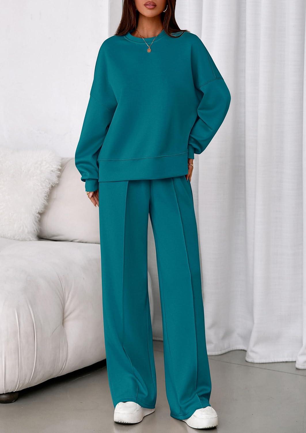imagePRETTYGARDEN 2 Piece Sets For Women Fall Trendy Long Sleeve Sweatshirt Wide Leg Pants Loungewear Set Matching SweatsuitBlue Green