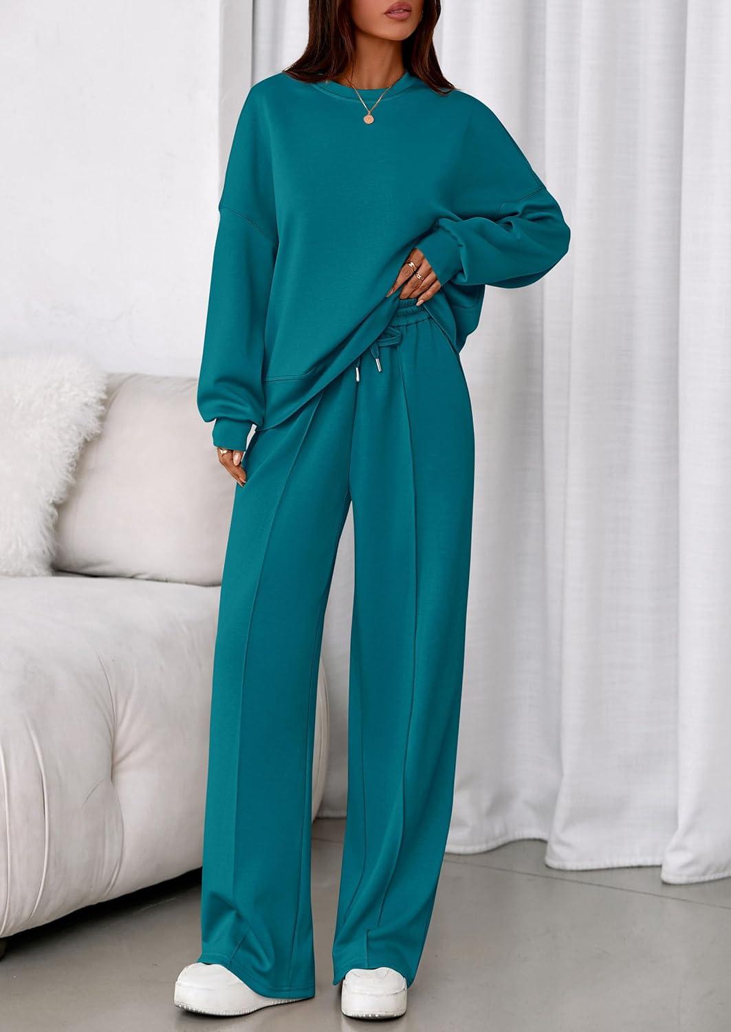 imagePRETTYGARDEN 2 Piece Sets For Women Fall Trendy Long Sleeve Sweatshirt Wide Leg Pants Loungewear Set Matching SweatsuitBlue Green