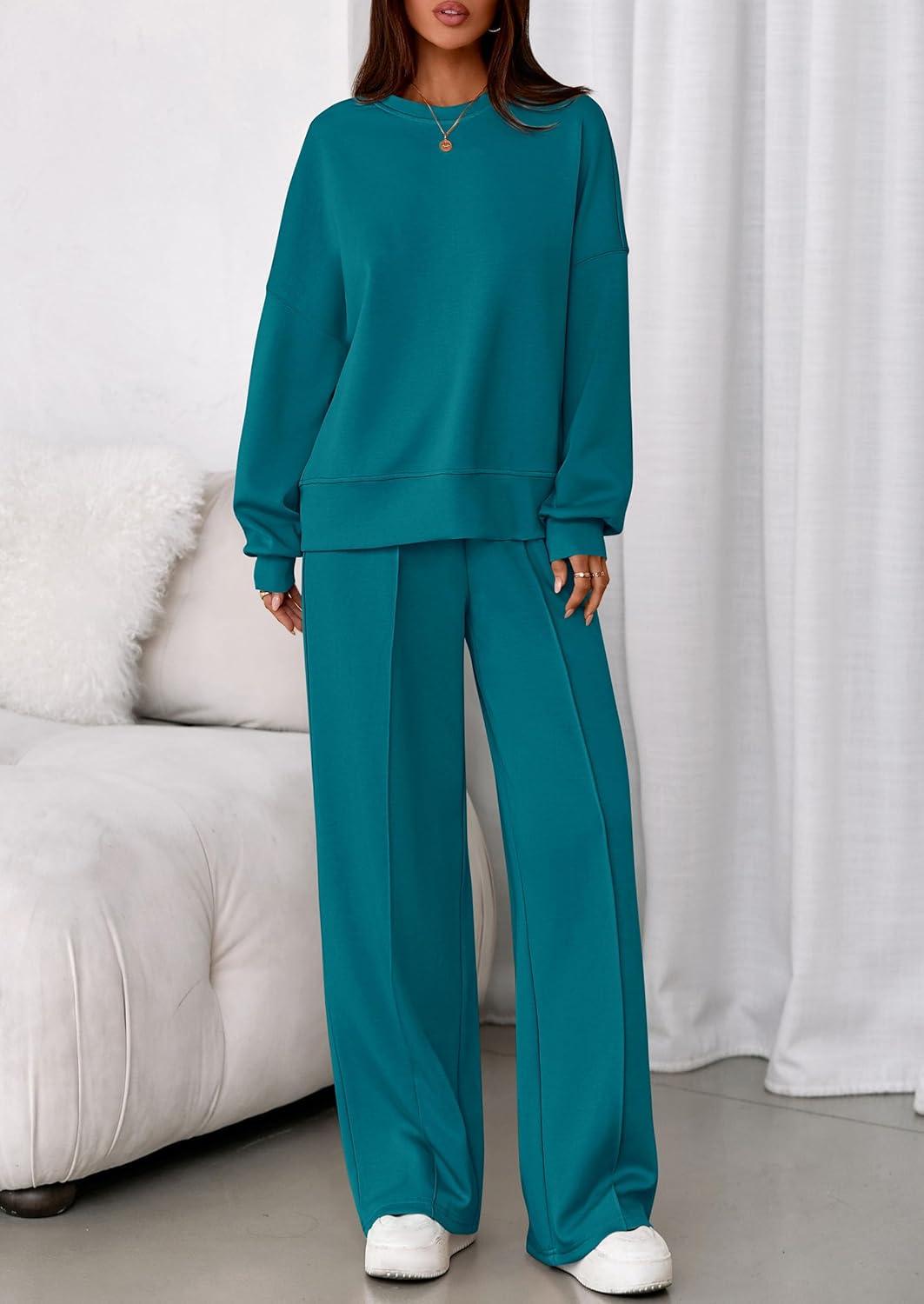 imagePRETTYGARDEN 2 Piece Sets For Women Fall Trendy Long Sleeve Sweatshirt Wide Leg Pants Loungewear Set Matching SweatsuitBlue Green