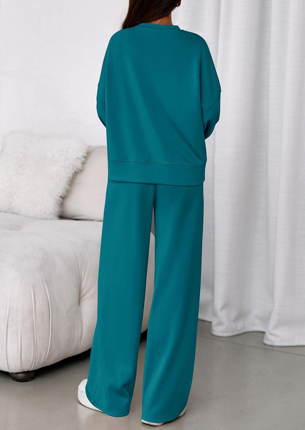 imagePRETTYGARDEN 2 Piece Sets For Women Fall Trendy Long Sleeve Sweatshirt Wide Leg Pants Loungewear Set Matching SweatsuitBlue Green