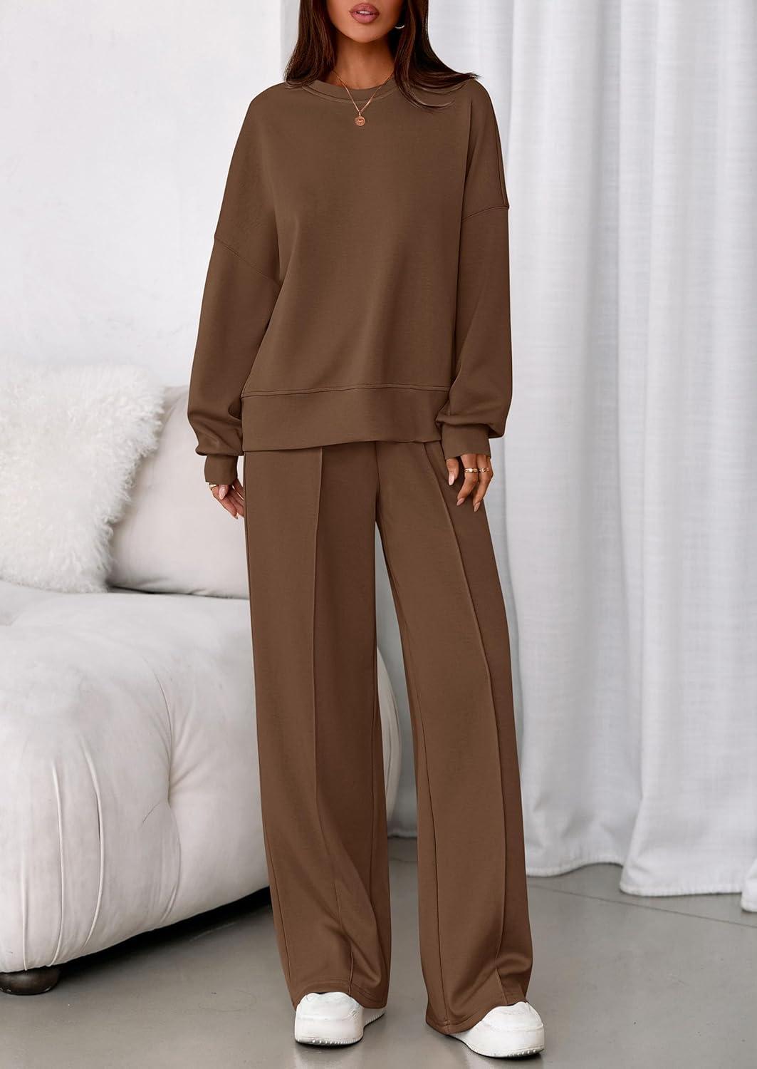 imagePRETTYGARDEN 2 Piece Sets For Women Fall Trendy Long Sleeve Sweatshirt Wide Leg Pants Loungewear Set Matching SweatsuitBrown