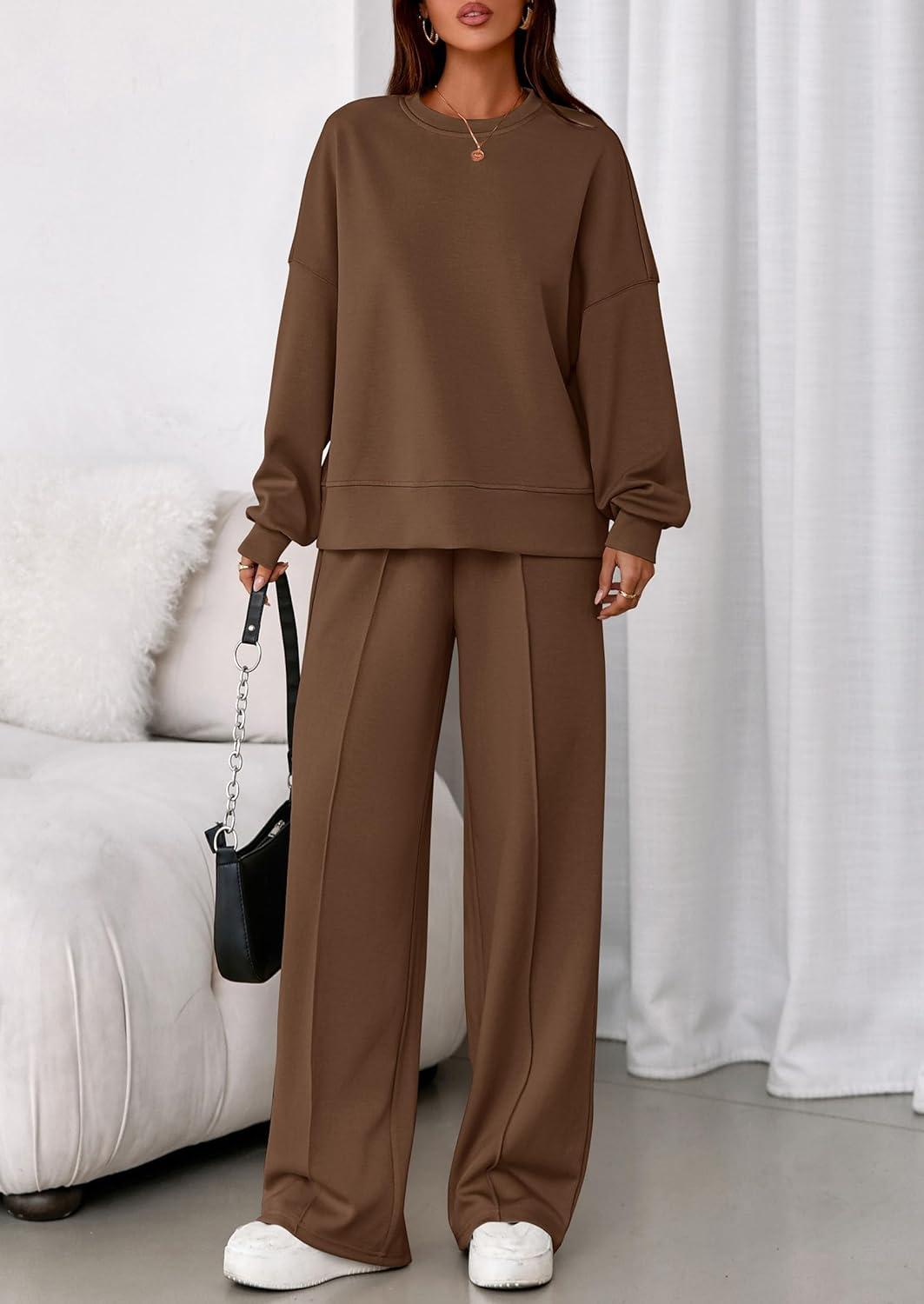 imagePRETTYGARDEN 2 Piece Sets For Women Fall Trendy Long Sleeve Sweatshirt Wide Leg Pants Loungewear Set Matching SweatsuitBrown