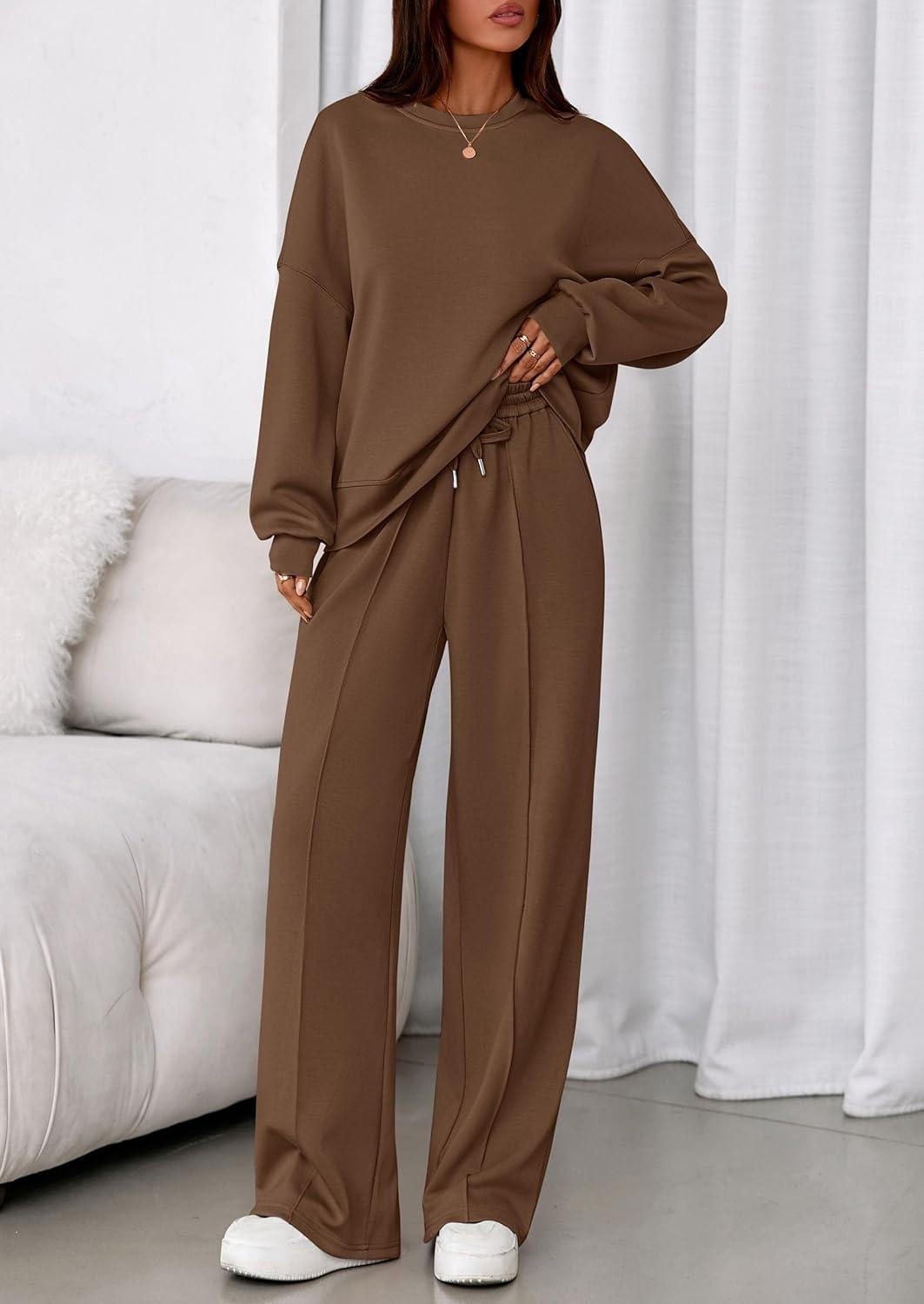 imagePRETTYGARDEN 2 Piece Sets For Women Fall Trendy Long Sleeve Sweatshirt Wide Leg Pants Loungewear Set Matching SweatsuitBrown