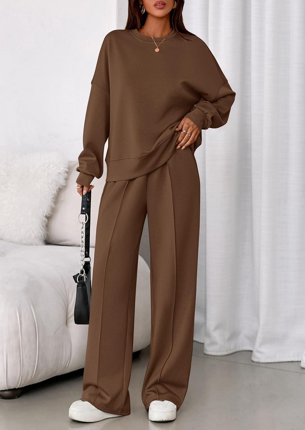 imagePRETTYGARDEN 2 Piece Sets For Women Fall Trendy Long Sleeve Sweatshirt Wide Leg Pants Loungewear Set Matching SweatsuitBrown