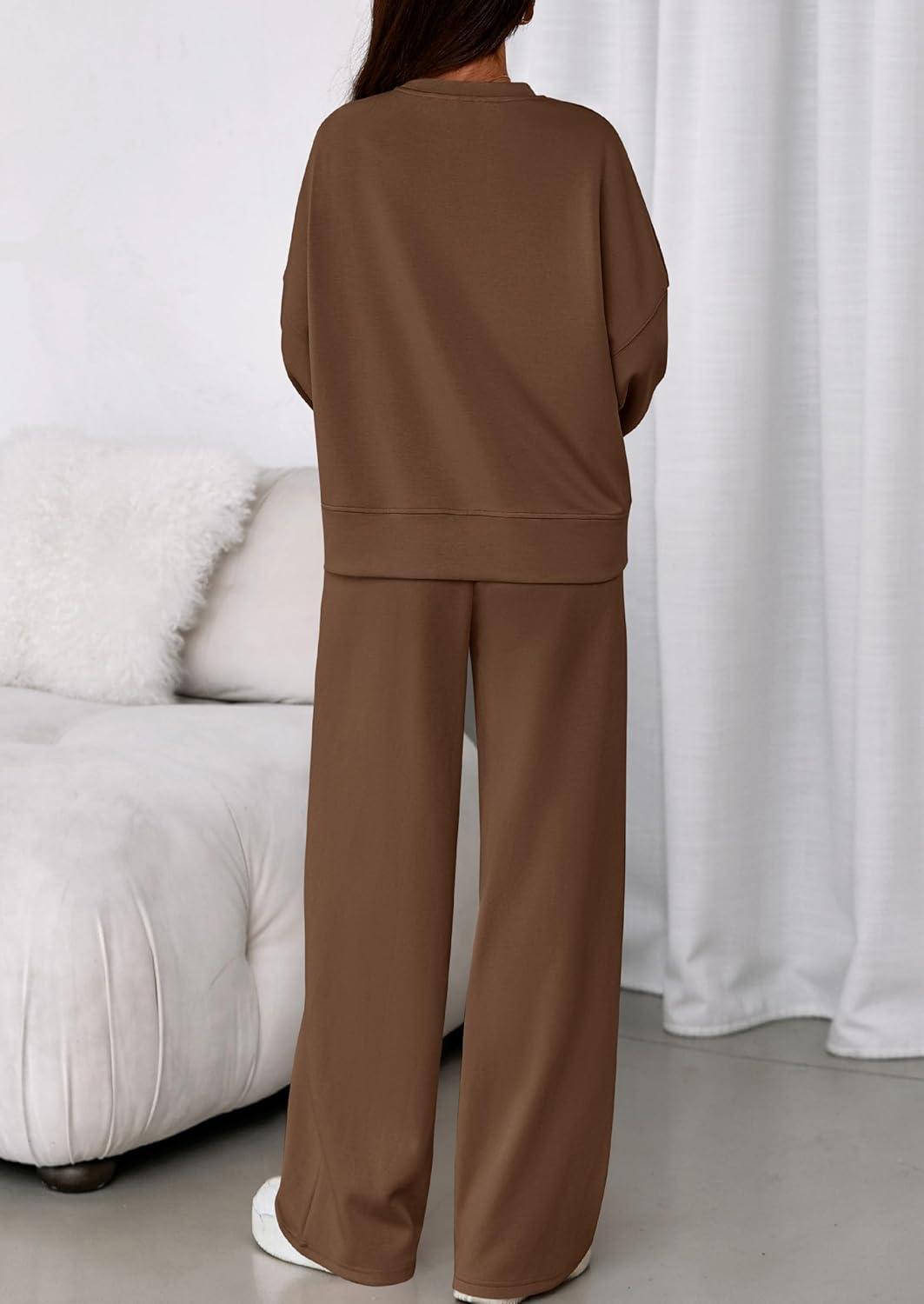 imagePRETTYGARDEN 2 Piece Sets For Women Fall Trendy Long Sleeve Sweatshirt Wide Leg Pants Loungewear Set Matching SweatsuitBrown
