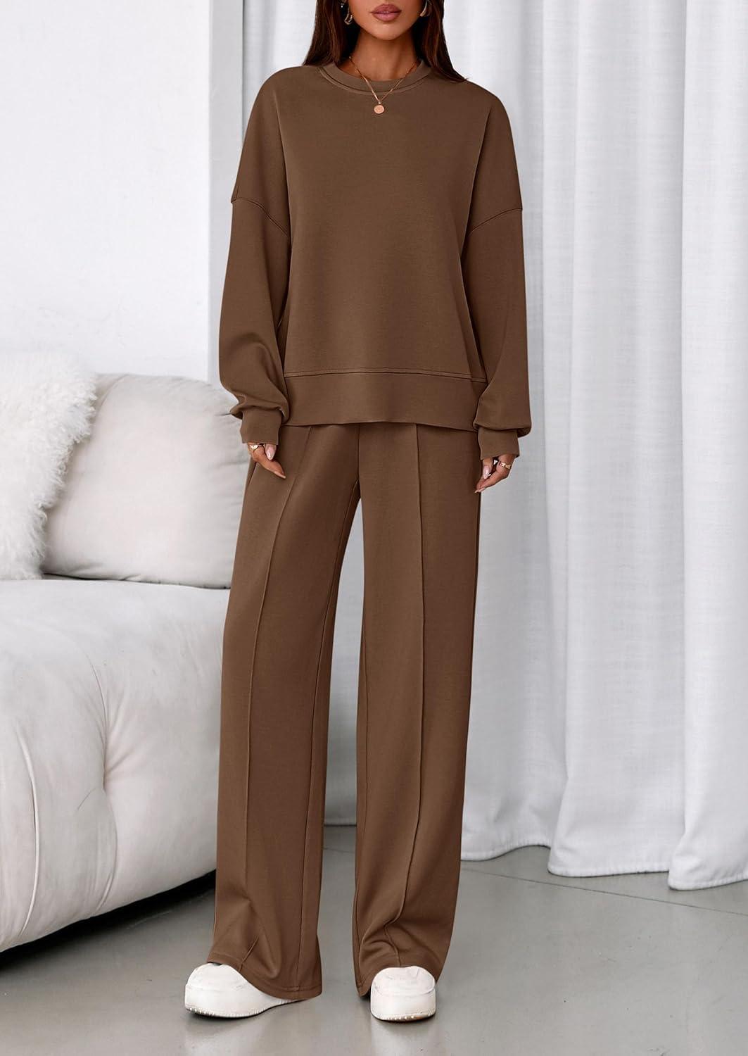 imagePRETTYGARDEN 2 Piece Sets For Women Fall Trendy Long Sleeve Sweatshirt Wide Leg Pants Loungewear Set Matching SweatsuitBrown
