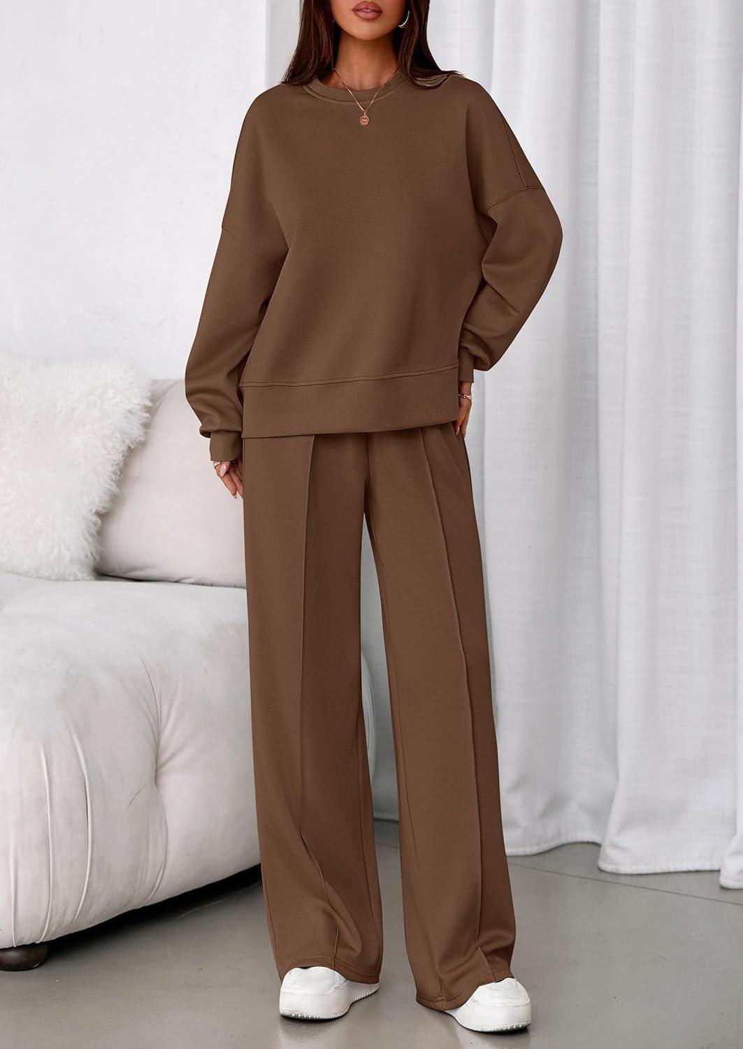 imagePRETTYGARDEN 2 Piece Sets For Women Fall Trendy Long Sleeve Sweatshirt Wide Leg Pants Loungewear Set Matching SweatsuitBrown