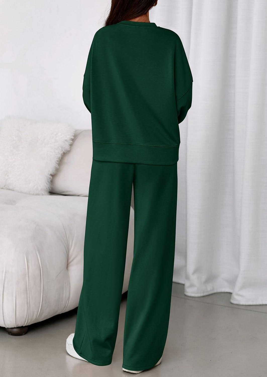 imagePRETTYGARDEN 2 Piece Sets For Women Fall Trendy Long Sleeve Sweatshirt Wide Leg Pants Loungewear Set Matching SweatsuitDark Green