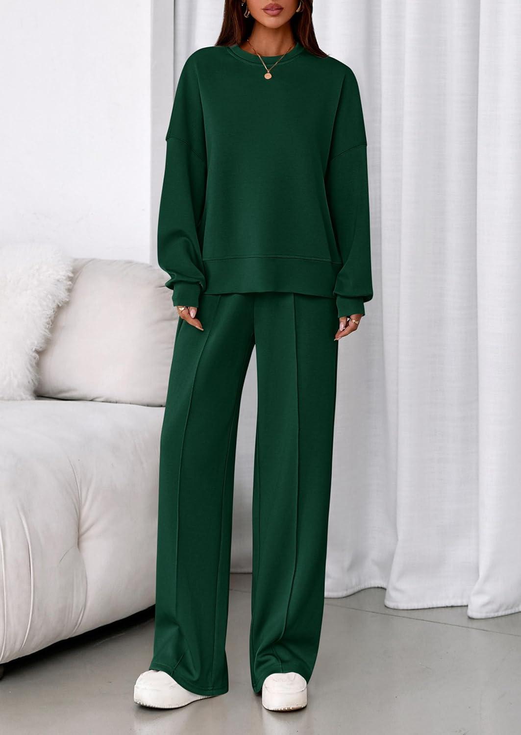 imagePRETTYGARDEN 2 Piece Sets For Women Fall Trendy Long Sleeve Sweatshirt Wide Leg Pants Loungewear Set Matching SweatsuitDark Green