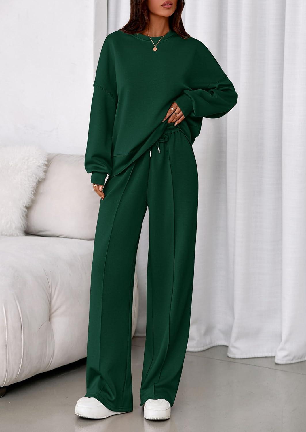 imagePRETTYGARDEN 2 Piece Sets For Women Fall Trendy Long Sleeve Sweatshirt Wide Leg Pants Loungewear Set Matching SweatsuitDark Green